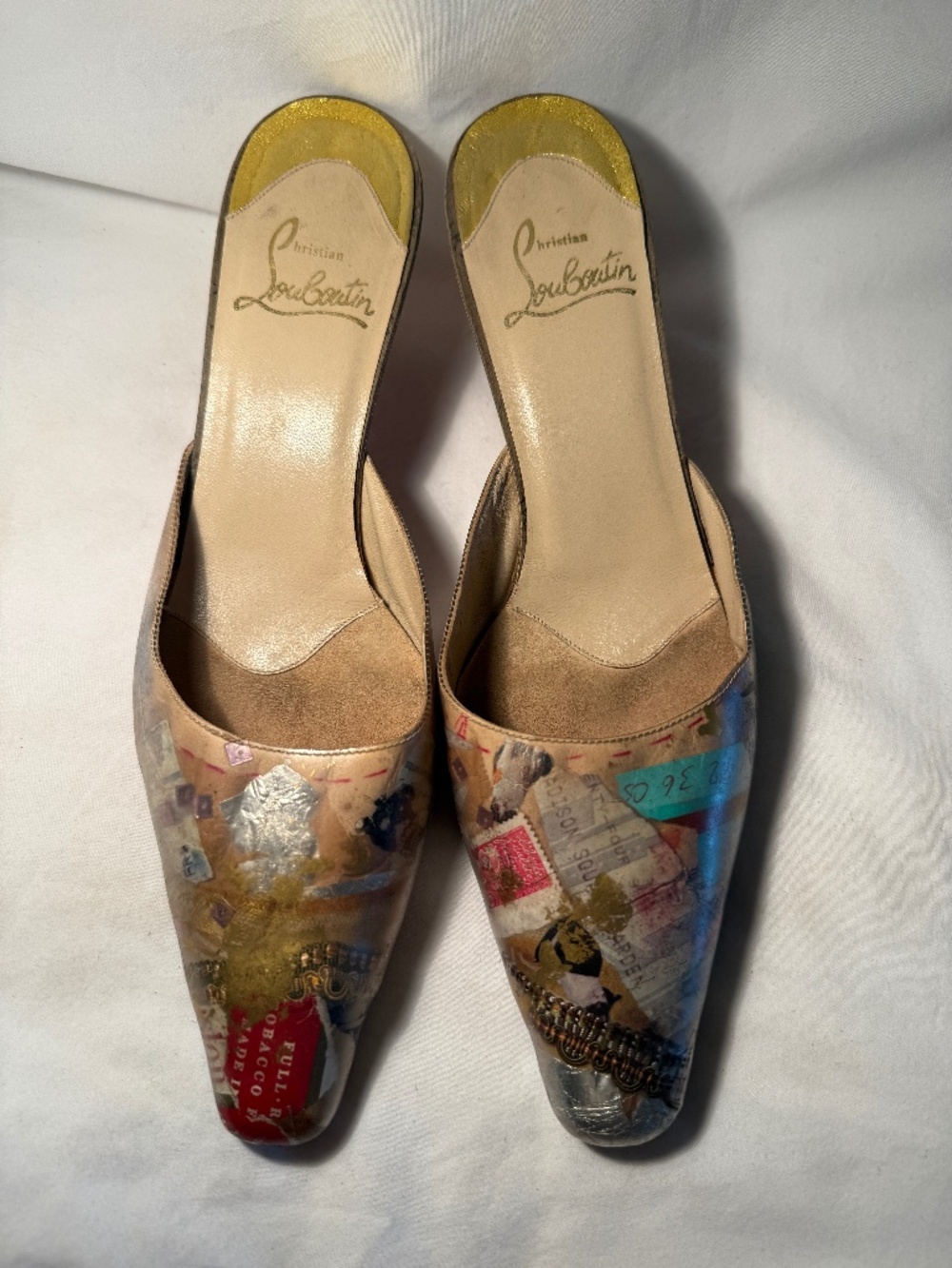 Vintage 1999 Christian Louboutin Arte Povera Trash Collection Kitten Heel Mules